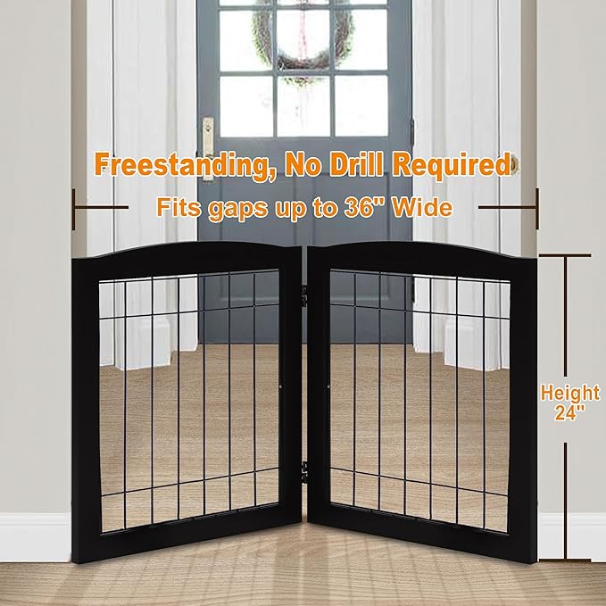 LZRS 2-Panel Freestanding Foldable Wood Dog Gate – Solid Wood & Steel Wire - Image 2