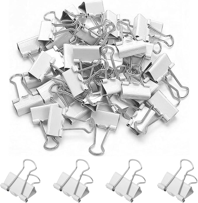 50 Pack Medium White Binder Clips 1 Inch, Colored Paper Clamps, Middle Size by Qikaara