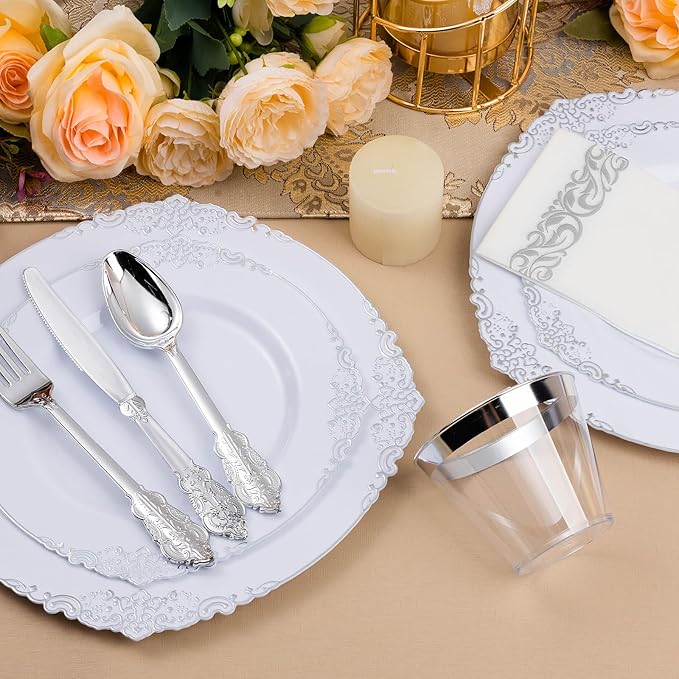 350PCS Silver Plastic Plates for 50 Guests, Disposable Dinnerware Set Includes - Image 3