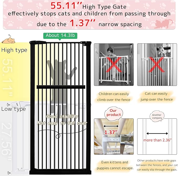 Lumizone Extra Tall Pet Gate 55.12" High Pressure Mounted 59.25"-63.38" Extra - Image 4
