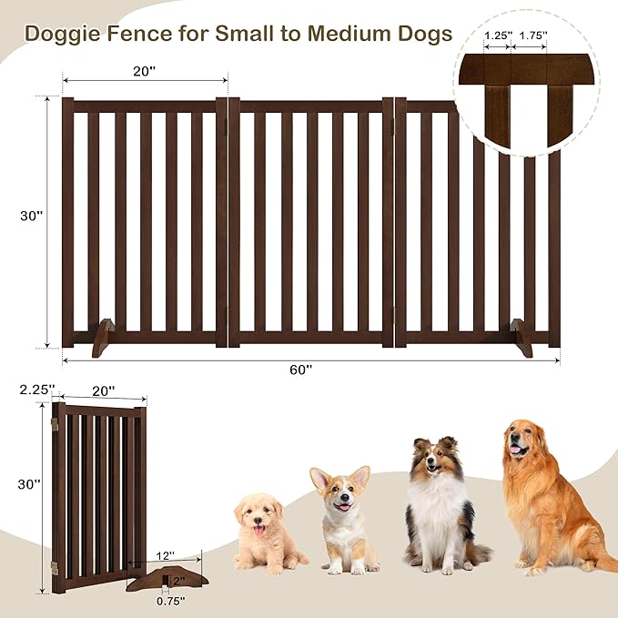 30" Height Tall Freestanding Pet Gate, Solid Wood Folding Safety Fence Wooden - Image 3