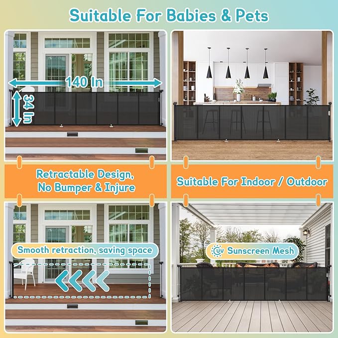 140'' Retractable Baby Gates Extra Wide, Security Upgrade Reinforcement Rods - Image 7