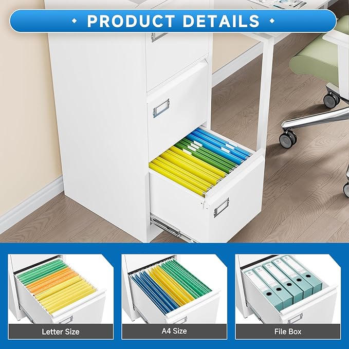 3 Drawer File Cabinet with Lock Metal Vertical File Storage Cabinet Office Home - Image 7