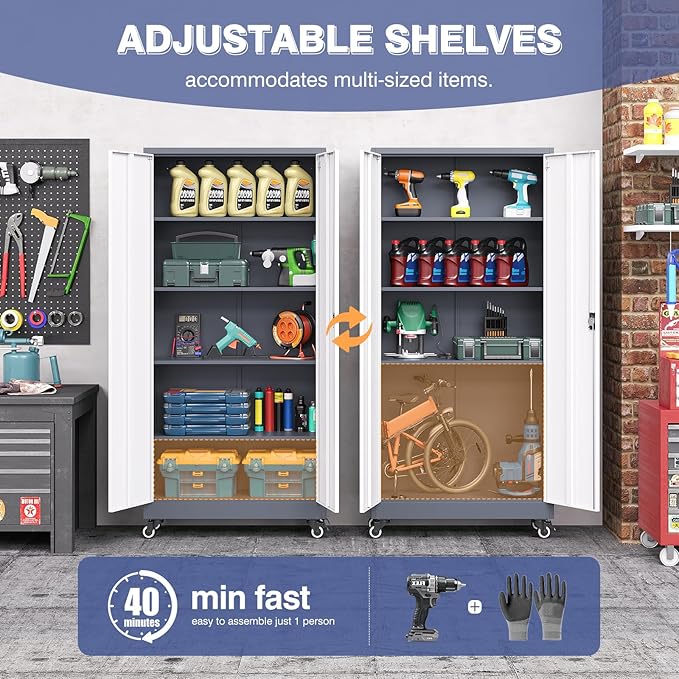 Metal Storage Cabinet with Wheels, Tall Garage Storage Cabinet with 4 - Image 5