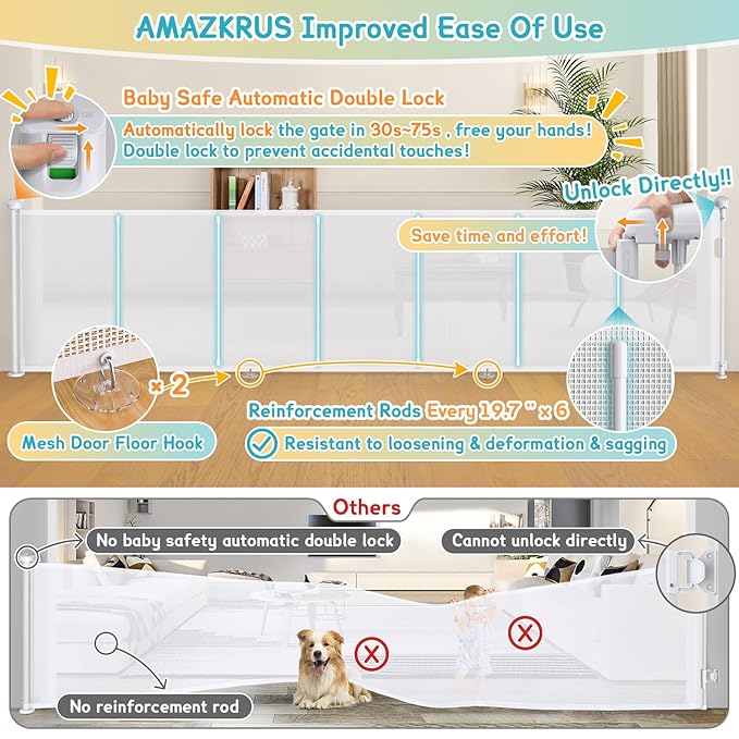 140'' Retractable Baby Gates Extra Wide, Security Upgrade Reinforcement Rods 11 - Image 2