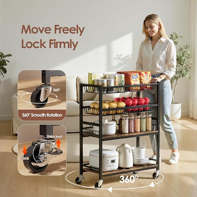 Kitchen Storage Cart, 4 Tier Utility Rolling Snack Cart, Fruit & Vegetables - Image 3