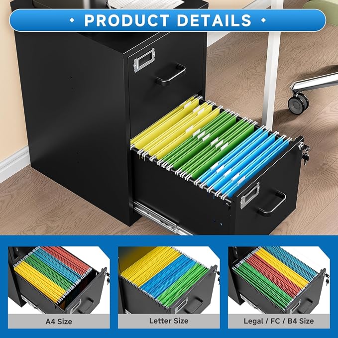 2 Drawer File Cabinet with Lock Vertical Filing Storage Cabinet Office Home - Image 4