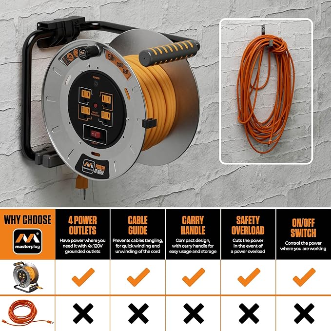 Masterplug 50ft Cord Reel, Metal Steel Cable Drum, Retractable Extension Lead - Image 5