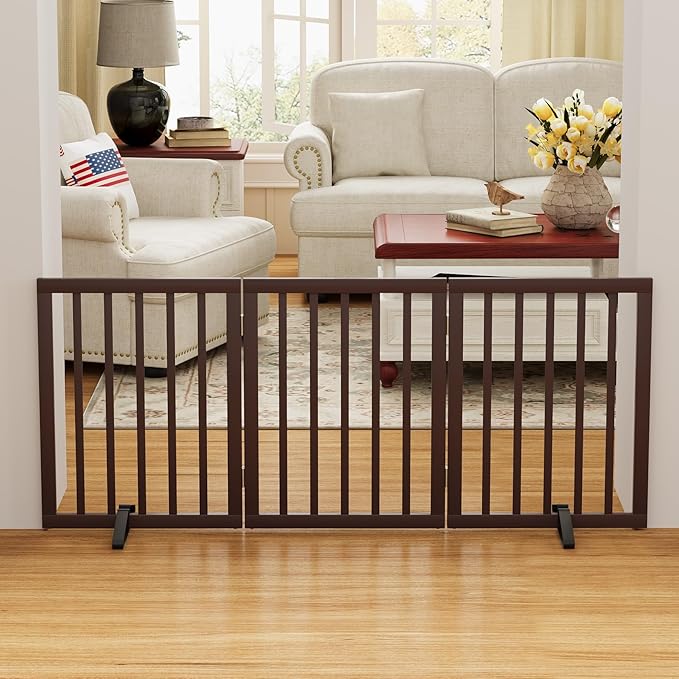 Brown 18-55" Wide Dog Gate, Bamboo Freestanding Pet Gates - Image 3