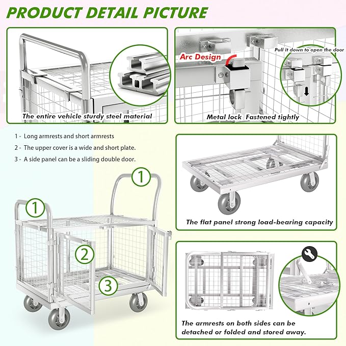 Platform Truck Cart with Cage 2-Door Design 7 in 1 Mutipurpose Handcart with 5" - Image 3