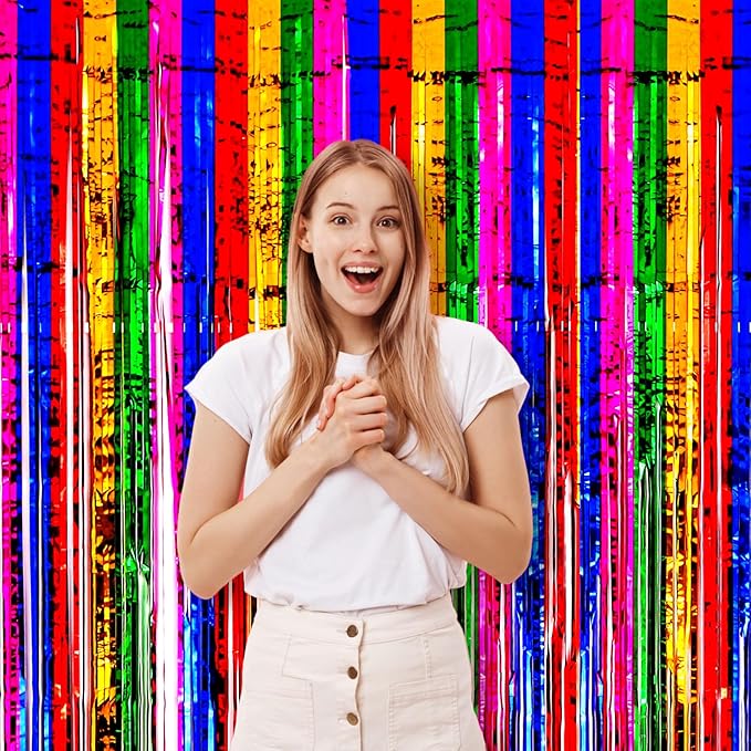 3 Pack 3.3x8.2 Feet Rainbow Foil Fringe Backdrop Curtains, Tinsel Streamers - Image 6