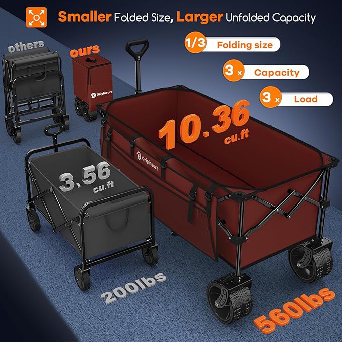 48" L Collapsible Wagon Cart Foldable, 560lbs Weight Capacity 300L Heavy Duty - Image 3