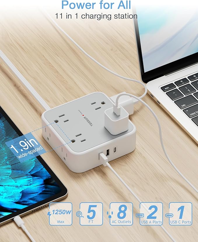 TESSAN Surge Protector Power Strip, 5 Ft Flat Plug Extension Cord - Image 3