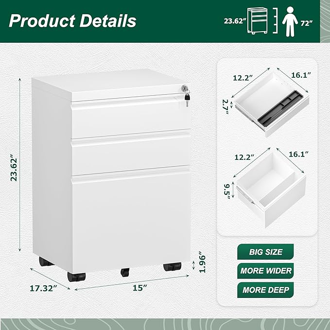Superday File Cabinet 3 Drawer, Fully Assembled Metal Rolling Vertical Filing - Image 3