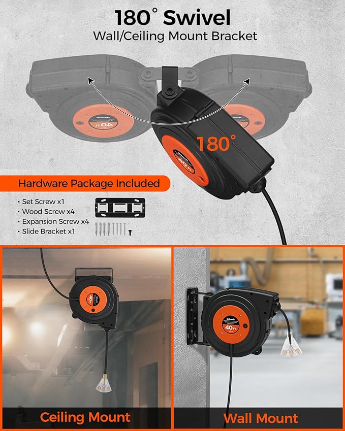 Retractable Extension Cord Reel, 40 FT Heavy Duty Power Cord, 12AWG/3C SJTOW - Image 5