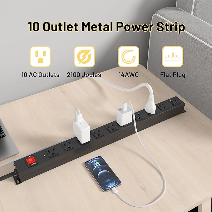 KF 10 Outlet Heavy Duty Power Strip, 2100J Surge Protector - Image 2