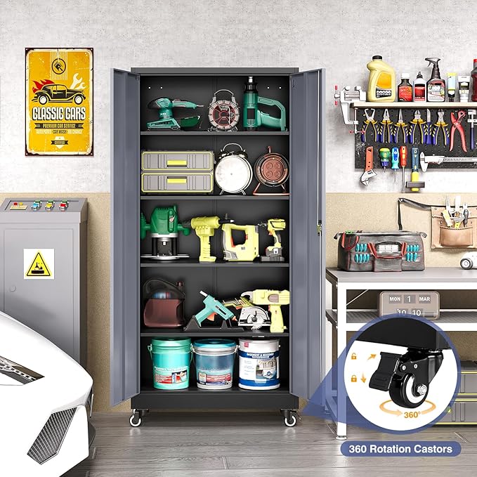 Metal Garage Cabinet with Wheels, Tall Storage Cabinet with 4 Adjustable - Image 3