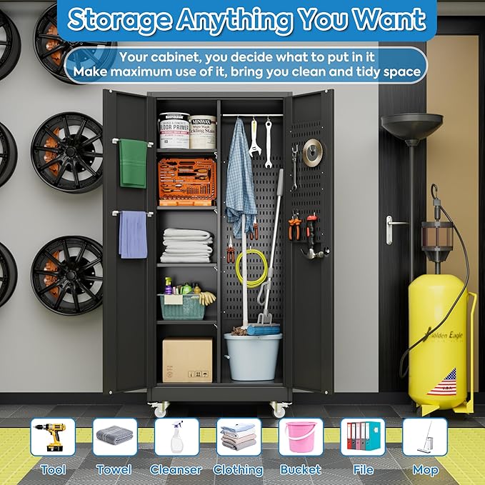 Garage Storage Cabinet with Wheels, Broom Closet Storage Cabinet with Pegboards - Image 6