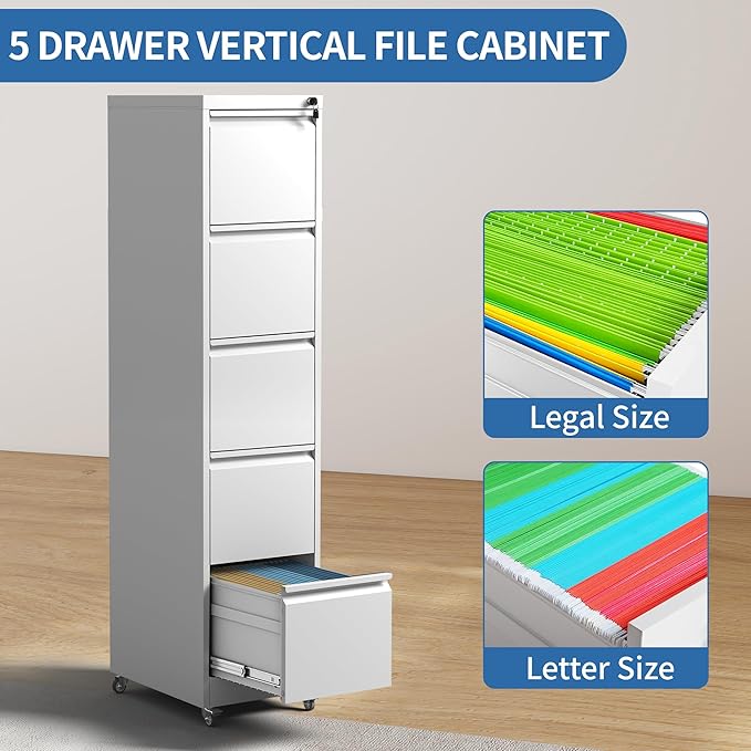 5 Drawer Mobile File Cabinet, Metal Filing Cabinet - Image 6