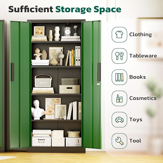 Greenvelly 63" H Metal Storage Cabinet Black Green, Locking Metal Cabinet - Image 3