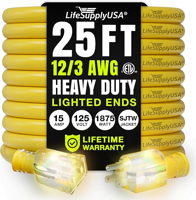 25ft Outdoor/Indoor Extension Cord 12/3 Gauge Extra Heavy Duty 3 Prong SJTW by LifeSupplyUSA