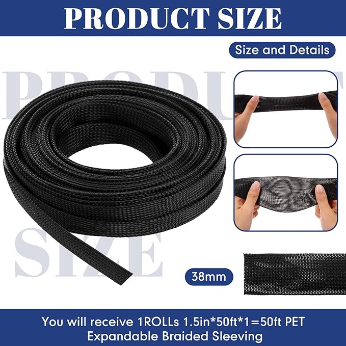 Pangda 50 Feet 1.5 Inch Wire Loom PET Expandable Braided Sleeving Braided Sleeve - Image 2