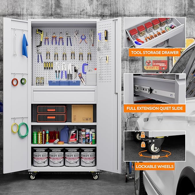 Metal Storage Cabinet with Drawers, Locking Garage Tool Cabinets on Wheels with - Image 5