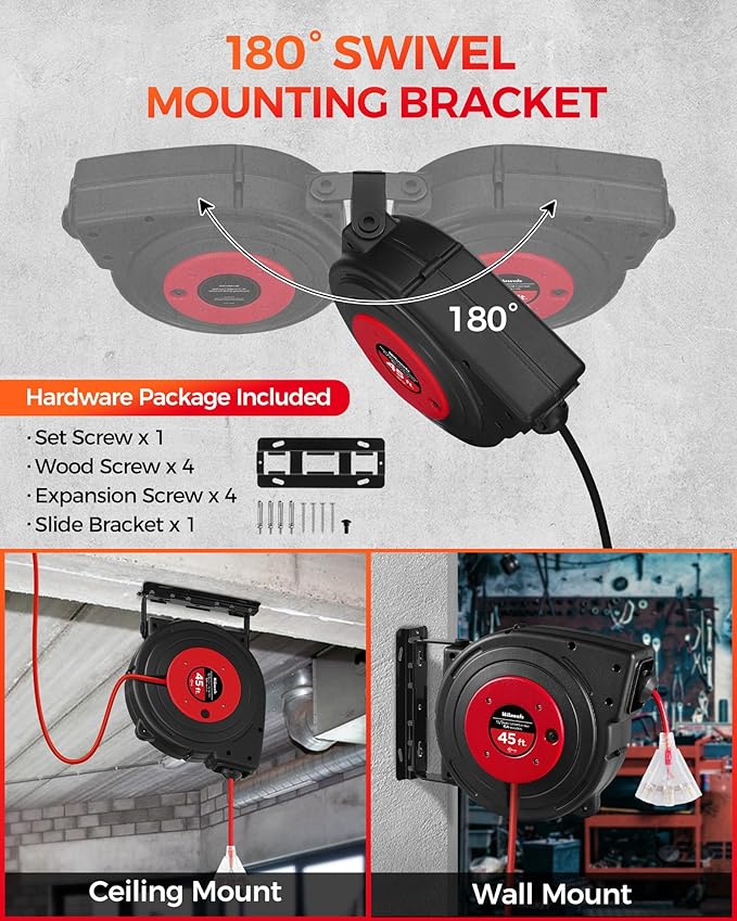 Retractable Extension Cord Reel, 45 FT Heavy Duty Power Cord, 12AWG/3C SJTOW - Image 4
