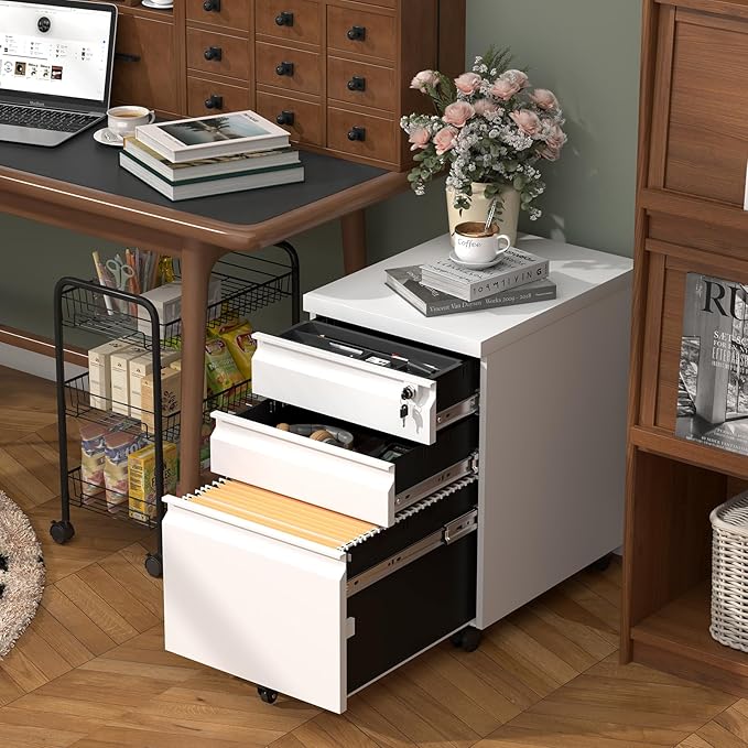 3 Drawer File Cabinet on Wheels, 25.6" H White Filing Cabinet - Image 2