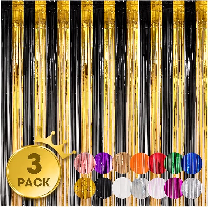 3 Pack 3.3x8.2 Feet Black and Gold Foil Fringe Backdrop Curtains, Tinsel by Voircoloria