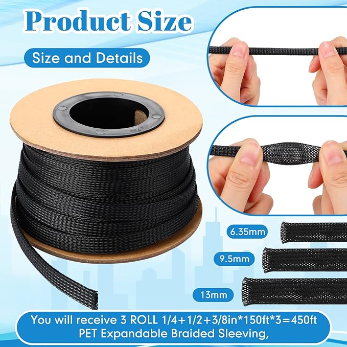 Pangda 450 Feet 1/4, 3/8 Inches Wire Loom PET Expandable Braided Sleeving - Image 2