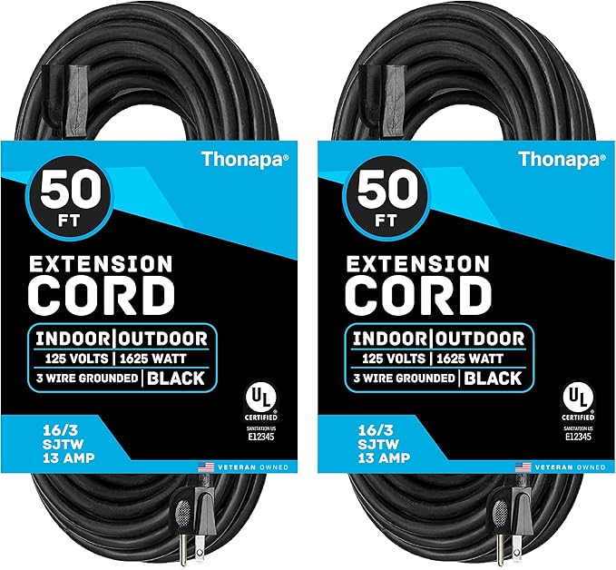 13 Amp Outdoor Extension Cord 50 ft, 2 Pack, 16/3 SJTW 50 Foot Black Extension by Thonapa