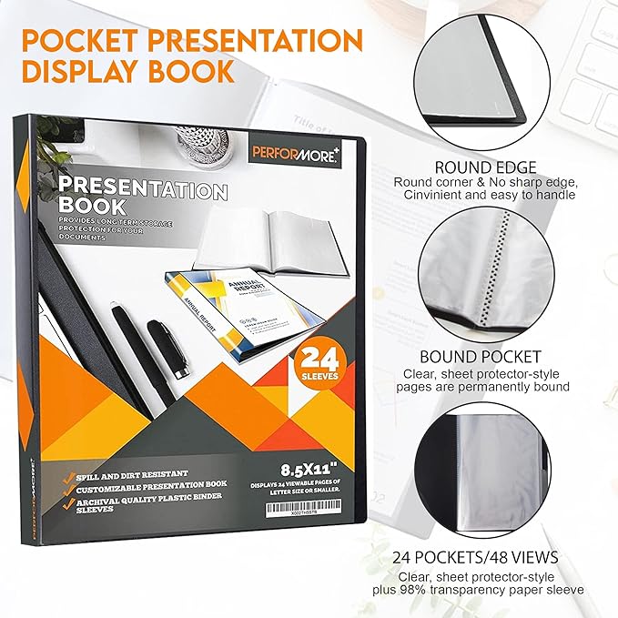 Performore 24-Pocket Presentation Book Folder | 8.5" x 11" Plastic Display - Image 3