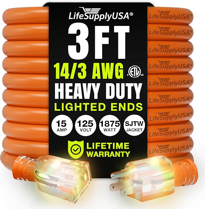 3ft Outdoor/Indoor Extension Cord 14/3 Gauge Heavy Duty 3 Prong SJTW, Waterproof by LifeSupplyUSA