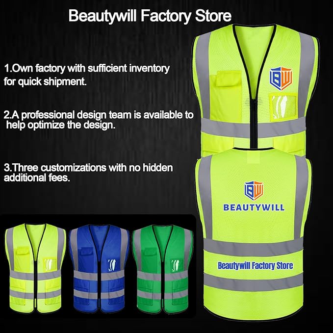 BeautyWill 10/20 Pack Custom Logo Safety Vest, Bulk High Visibility Class 2 - Image 4
