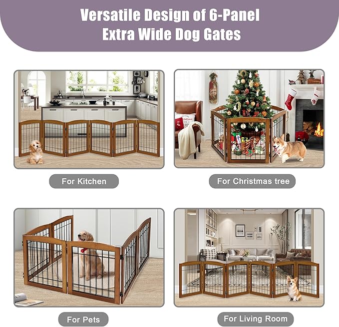 LZRS 6-Panel Extra Wide Wooden Freestanding Dog Gate: Foldable Solid Wood and - Image 6
