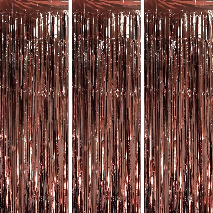 3 Pack 3.3 x 8.2 ft Brown Foil Fringe Backdrop Curtains, Tinsel Streamers Party by Voircoloria