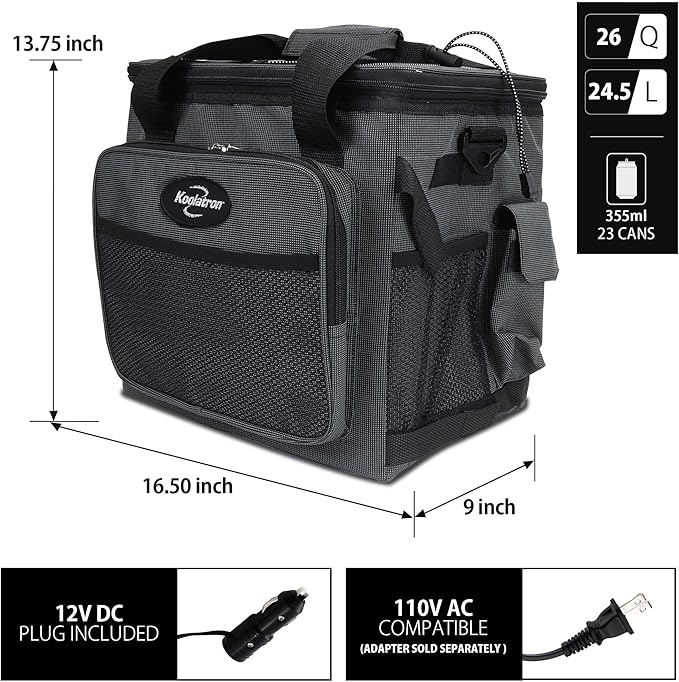 Koolatron Electric Portable Cooler Plug in 12V Car Cooler Bag, 26 qt Black/Gray - Image 6
