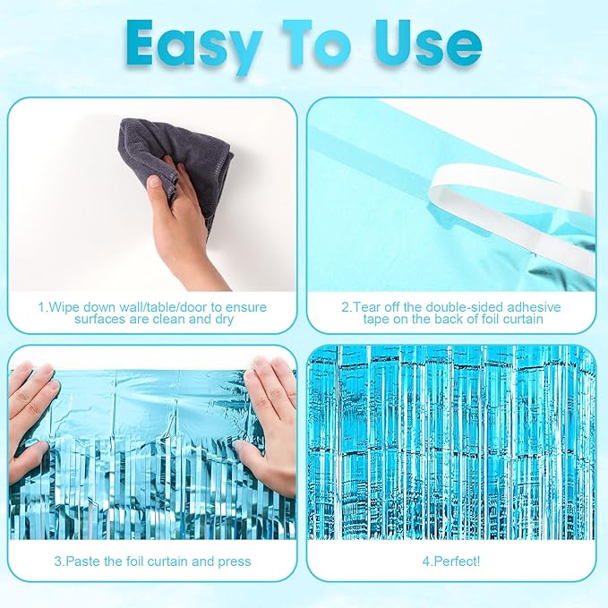 3 Pack 3.3x8.2 Feet Light Blue Foil Fringe Backdrop Curtains, Tinsel Streamers - Image 4
