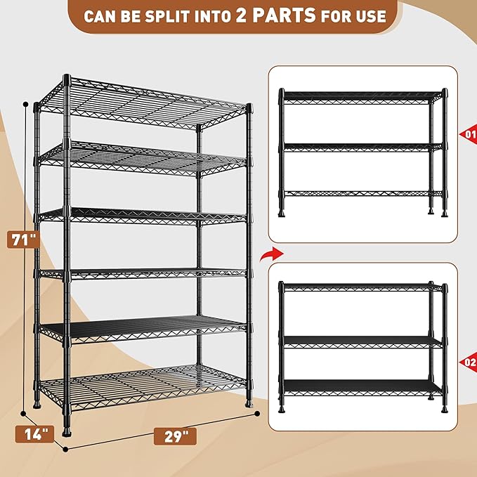 REIBII 71" H Metal Shelves 6 Tier Storage Shelves 1200LBS Adjustable Shelving - Image 3