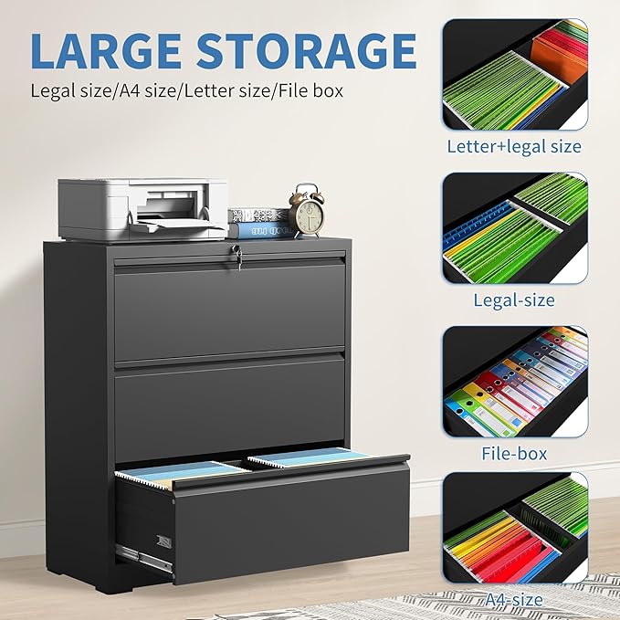 File Cabinets 3 Drawer, Metal Office Storage Filing Cabinet - Image 4