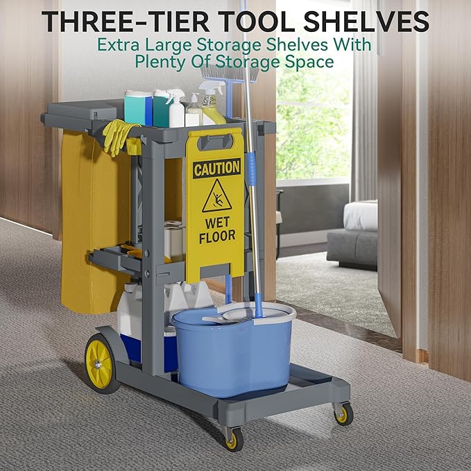 YITAHOME Janitorial Cart, Cleaning Carts on Wheels, 3-Shelf Commercial - Image 6
