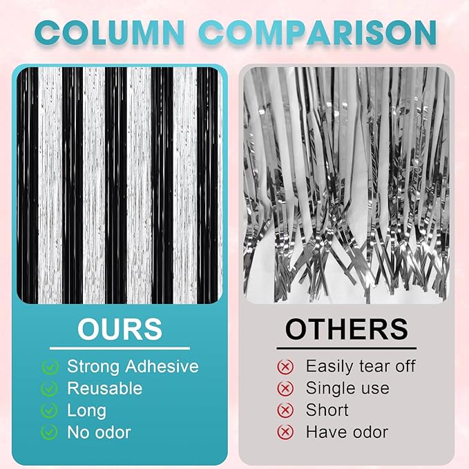 3 Pack 3.3 x 8.2 ft Black and Silver Foil Fringe Backdrop Curtains, Tinsel - Image 4