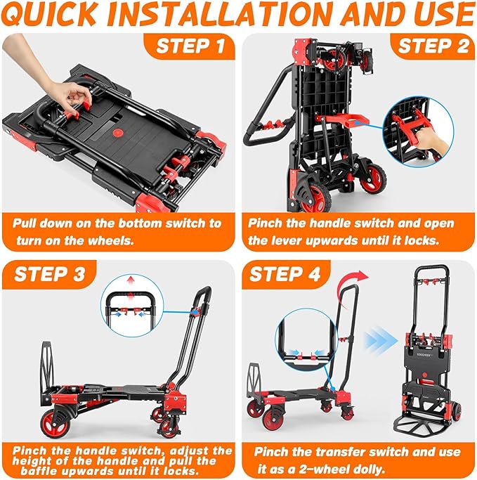 2-in-1 Folding Hand Truck with Folding Basket, Hand Truck with Retractable - Image 7