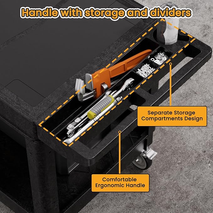 2-Tier Rolling Tool Cart, Heavy-Duty Plastic Service Cart - Image 2