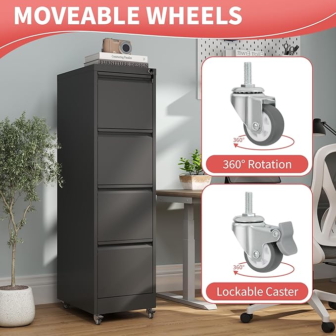 4 Drawer File Cabinet with Wheels, Metal Mobile Filing Cabinets with Lock - Image 6