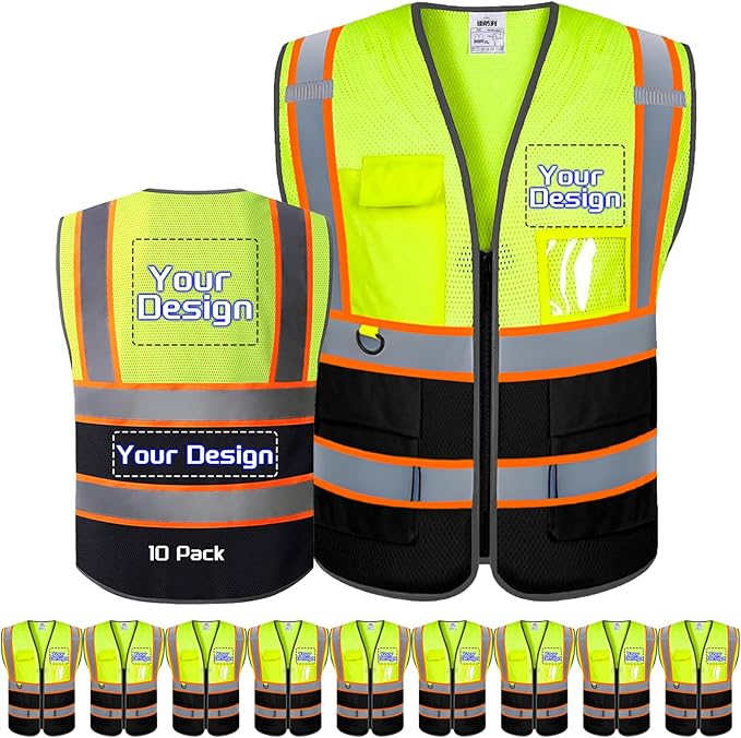 Custom Safety Vest with Logo Pockets High Visibility Reflective Vests by CustomTok