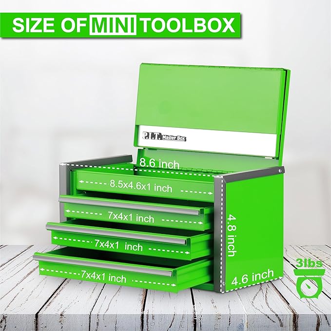 P.I.T. Mini Green Tool Box, Portable 3 Drawer Steel Stackable Tool Box - Image 3