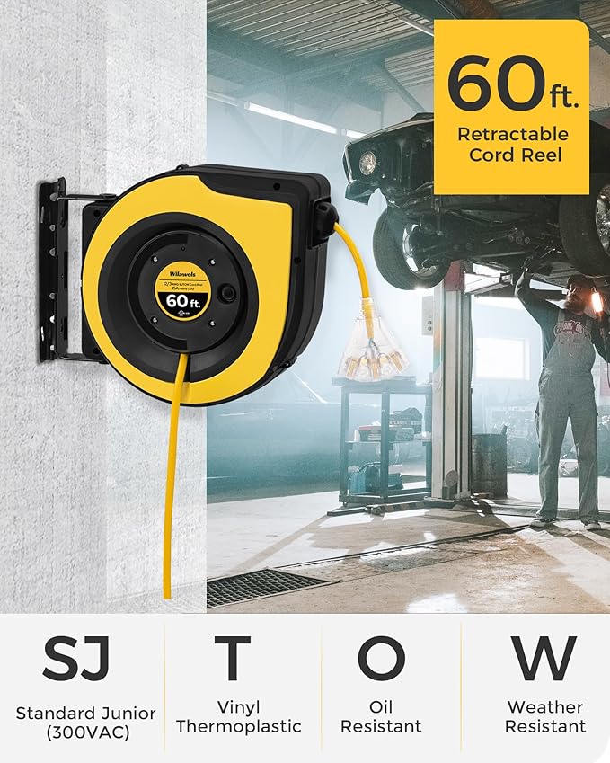 Retractable Cord Reel, 60 FT Heavy Duty Extension Cord, 12AWG/3C SJTOW - Image 2
