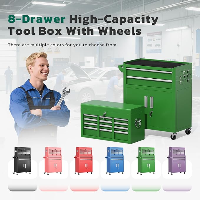 Greenvelly 8-Drawer Rolling Tool Chest, Metal Tool Chest - Image 9